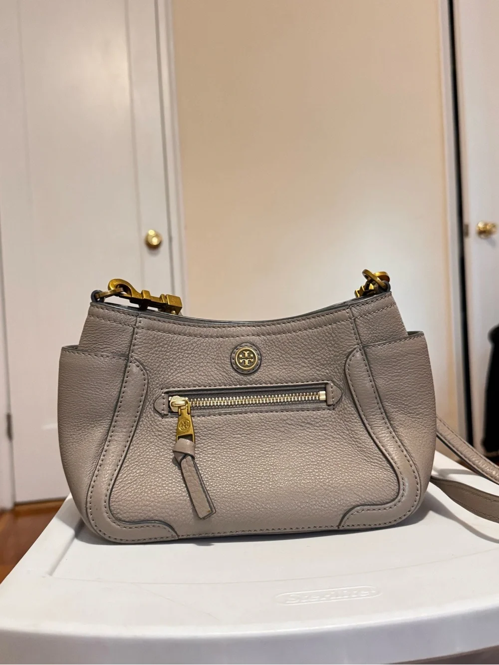 Tory Burch Frances French Gray Leather Mini Crossbody Bag